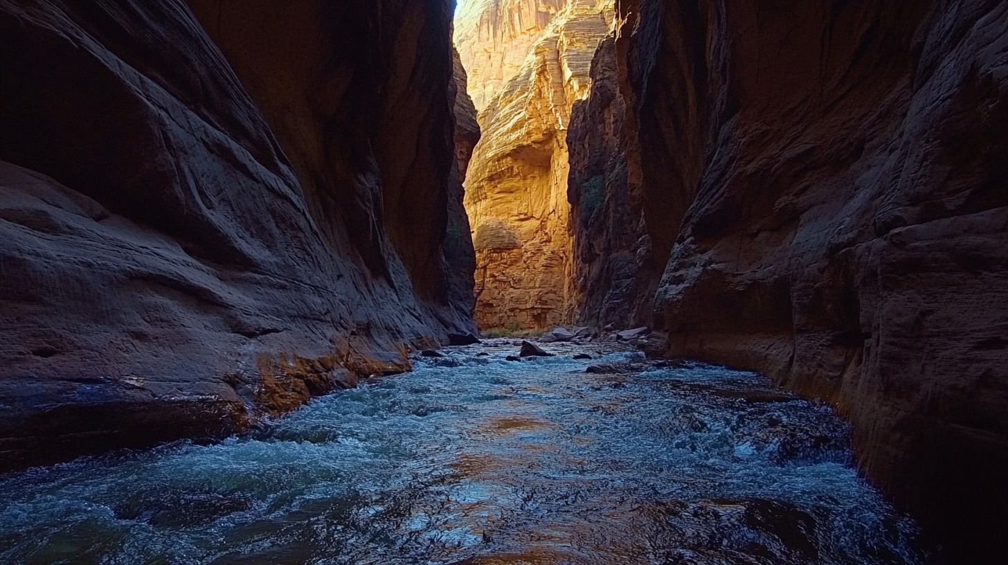 View of a narrow canyon with flowing water, illuminated by sunlight, showcasing the natural beauty of Zion National Park