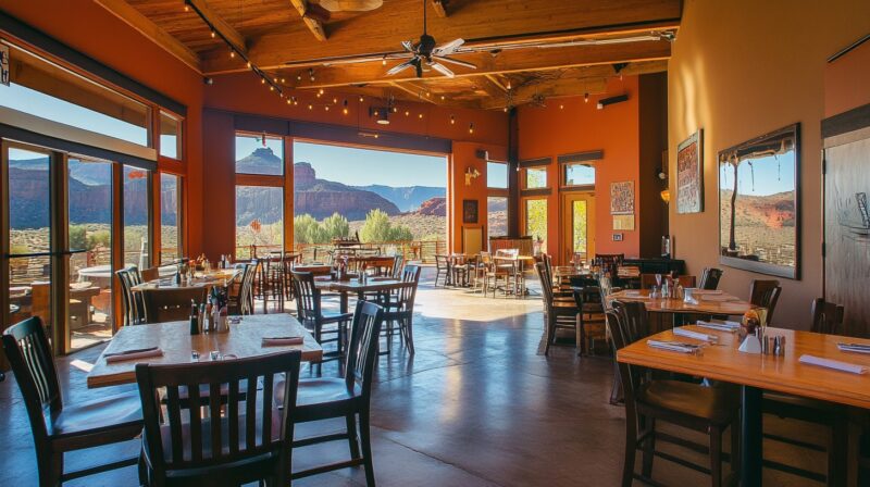 Cozy restaurant in Kanab with wooden tables and chairs, featuring large windows that offer stunning views of red rock formations and desert landscapes