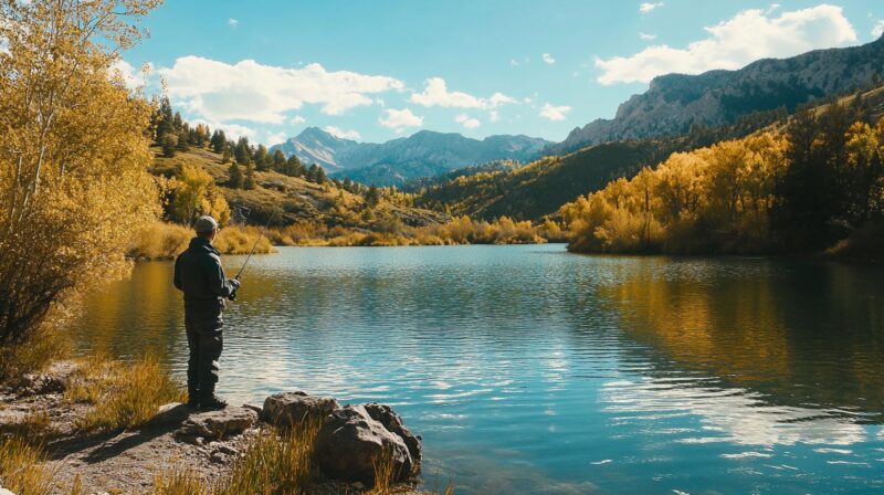 man stands by a calm lake, fishing amidst a scenic landscape of golden autumn trees and distant mountains under a clear blue sky. The peaceful setting reflects the beauty of nature and outdoor relaxation