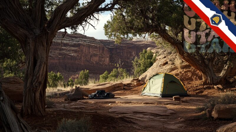 picturesque campsite in Canyonlands National Park featuring a green tent set among rocky terrain and lush greenery, with towering cliffs in the background and a clear sky overhead